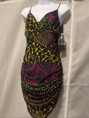 GUESS Multicolor Animal-Print Ruched Mini Dress in Black, Pink & Yellow